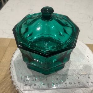 Hexagonal Teal Glass Candy Dish with Lid